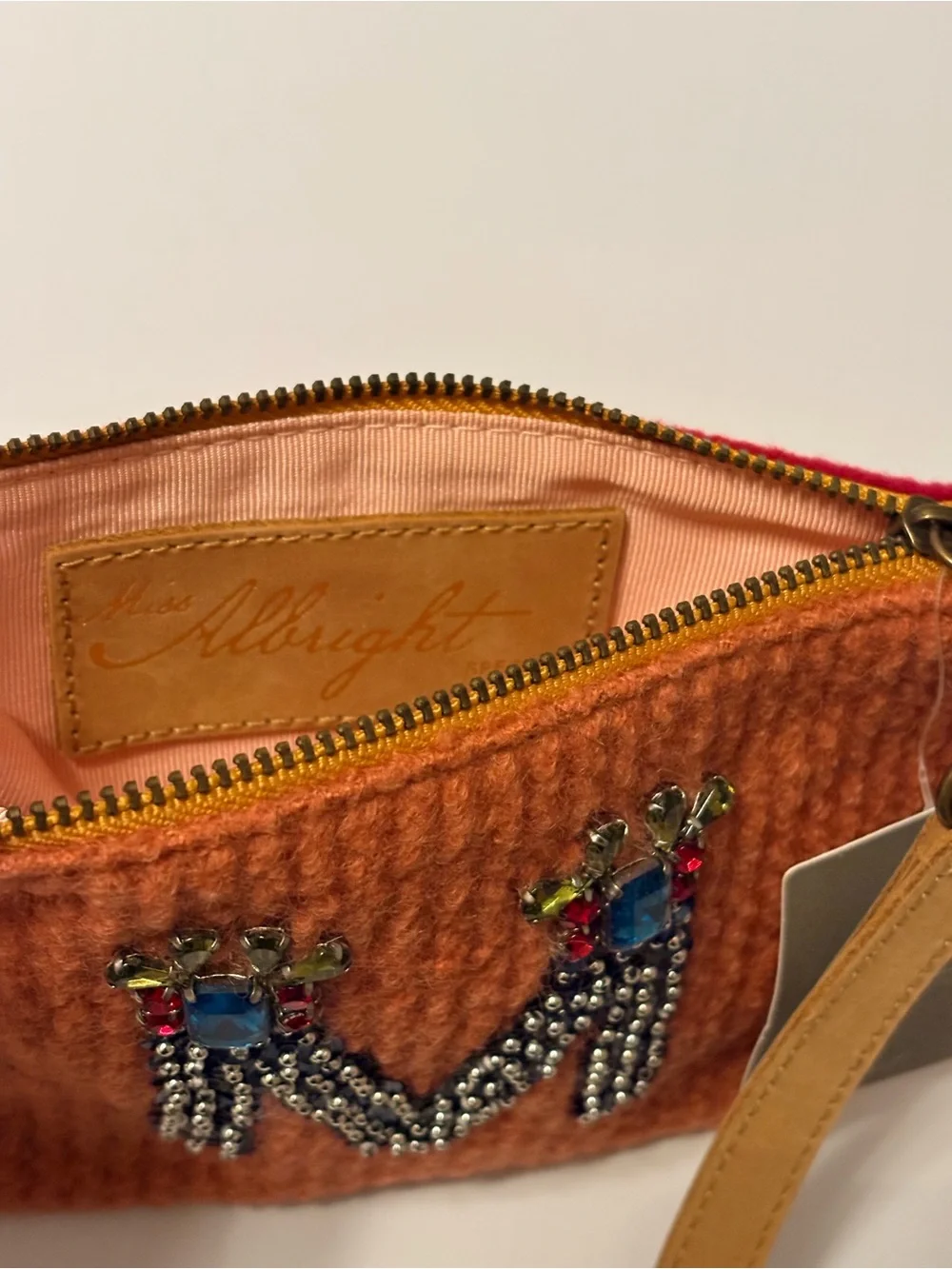 BNWT Anthropologie Orange Beaded 'M' Wristlet Clutch